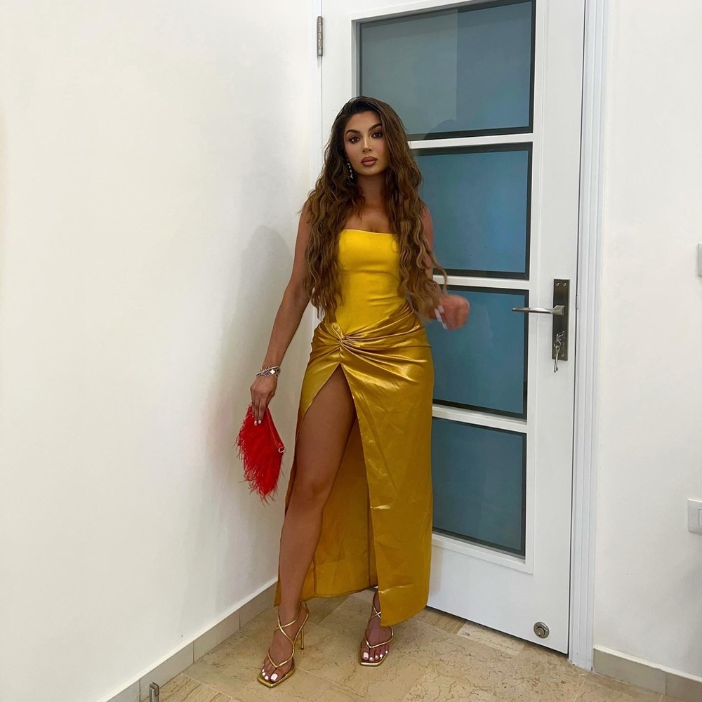 Yellow high slit dress